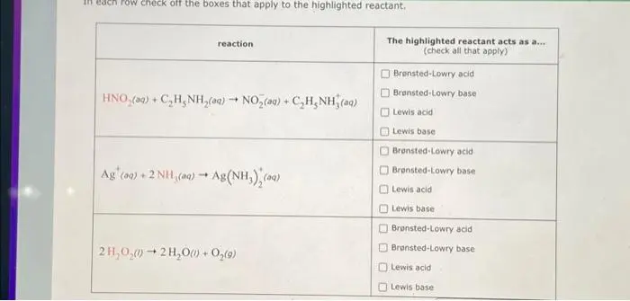 In each row check off the boxes that apply to the highlighted reactant. reaction HNO₂(aq) + C₂H₂NH₂(aq) → NO₂(aq) + C₂H₂NH₂(aq) + Ag* (aq) + 2 NH3(aq) → Ag (NH₂) (aq) 2 H₂O₂(1)→ 2H₂O(1) + O₂(g) The