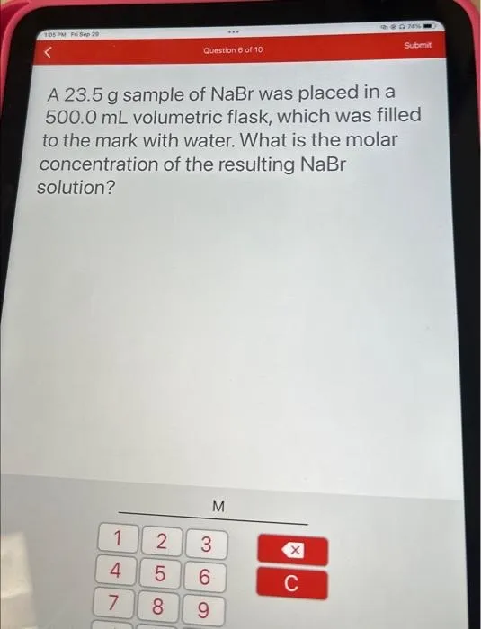 A 23.5 g sample of NaBr was placed in a 500.0 mL volumetric