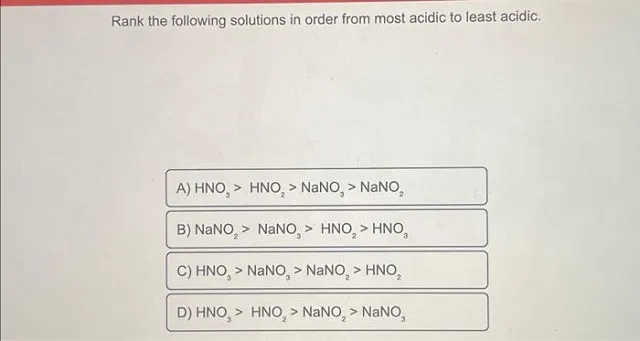 Rank the following solutions in order from most acidic to least acidic ...